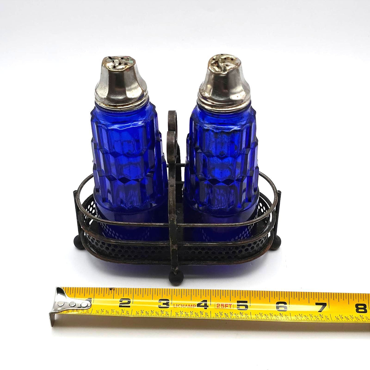 Vintage Hazel Atlas Cobalt Blue Glass Salt Pepper Shakers Metal Caddy