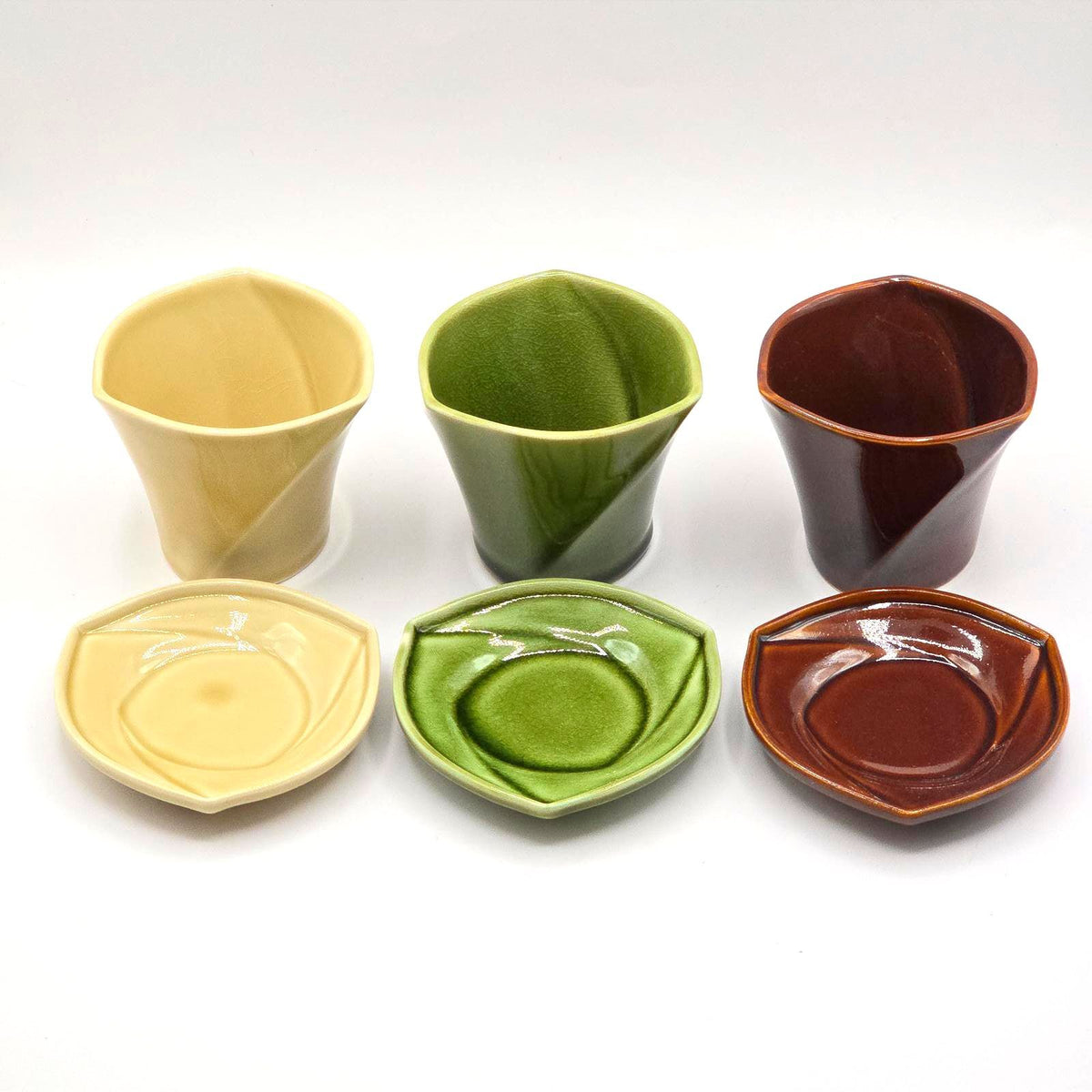 Vintage Japanese Tea Cups and Saucers Set of 3 MCM Geometric Pottery