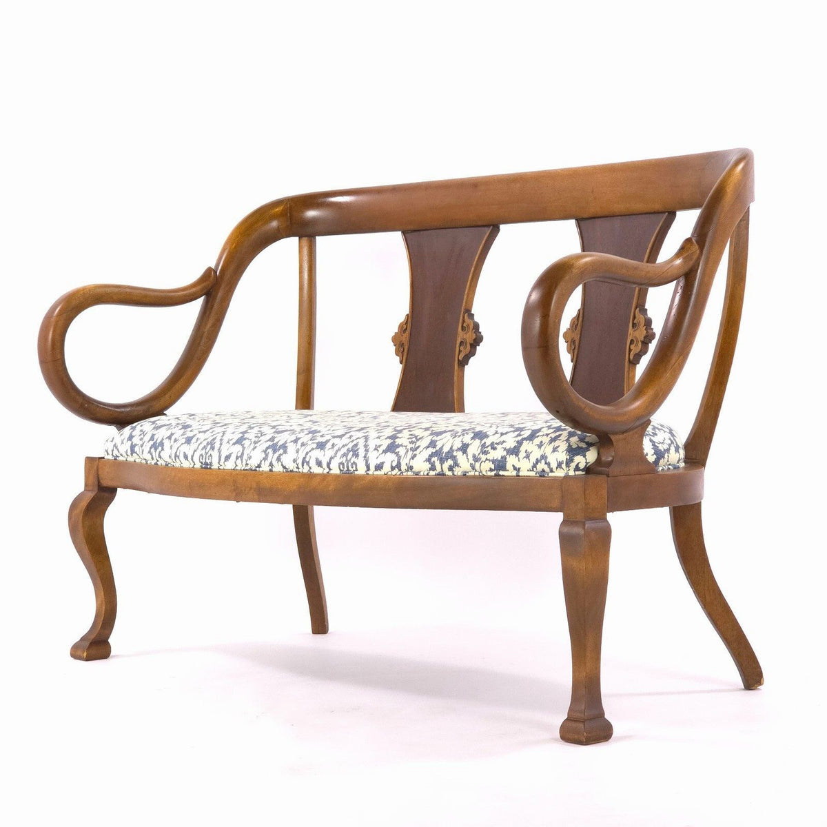 Vintage Neoclassical Revival Lyre Arm Wood Settee Bench 48.5in