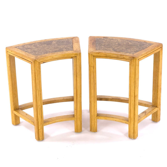 Vintage McGuire San Francisco Oak Demilune Side Tables Stools Pair