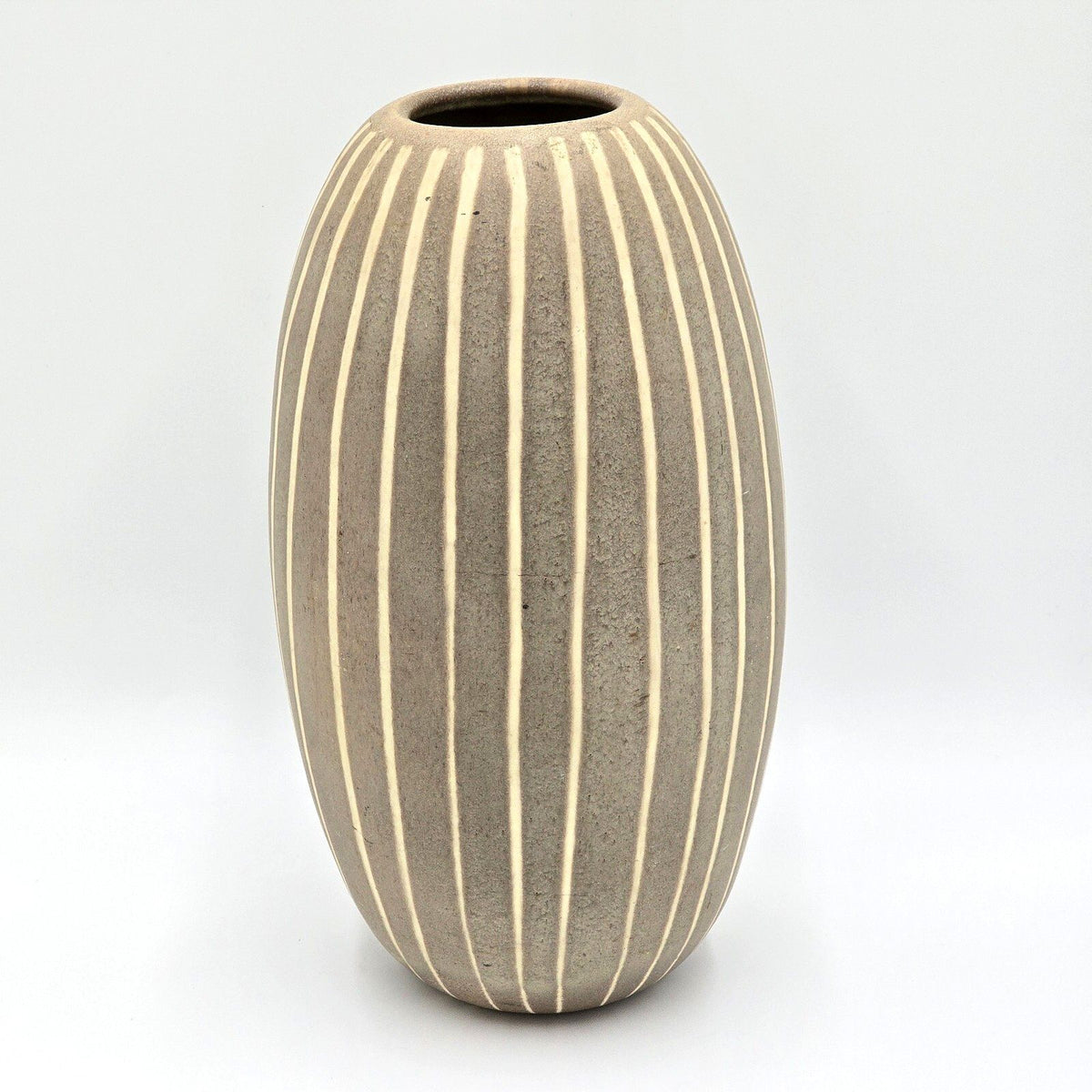 Mid Century Modern Style Striped Pottery Vase - Large 14" Ribbed Ceramic