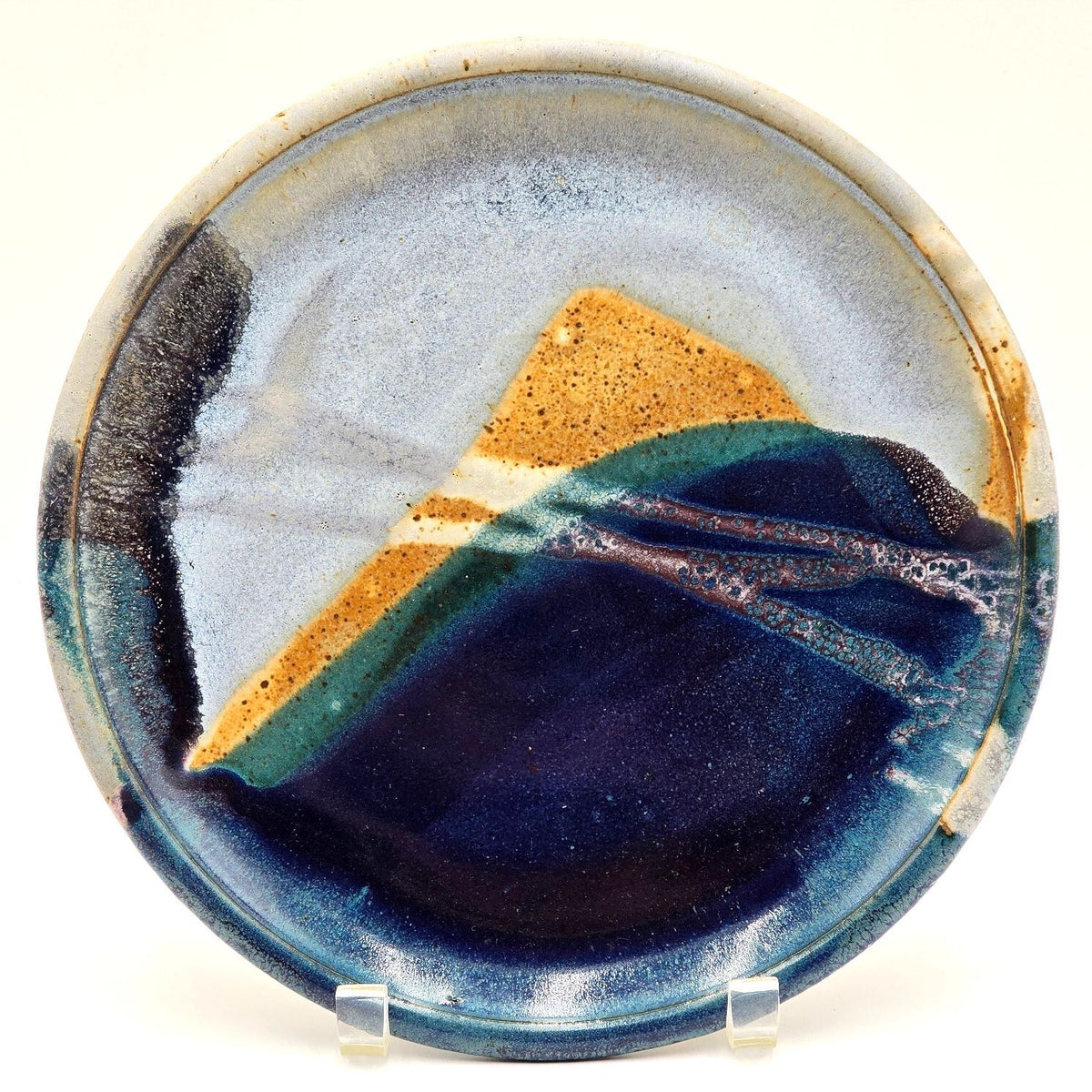 Vintage Signed Abstract Blue Studio Pottery Platter 10.5"
