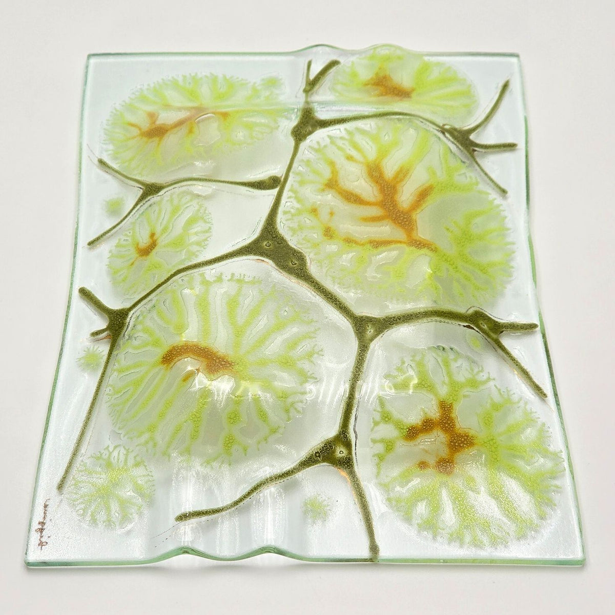 Vintage Higgins Fused Art Glass Tray Green Abstract MCM Signed 10" x 7"