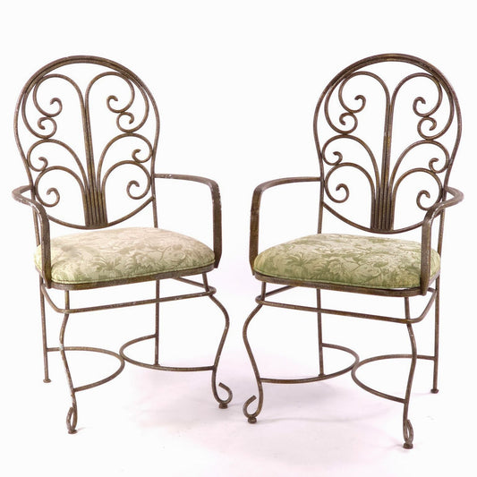 Vintage French Country Wrought Iron Scroll Armchairs Floral Seats Pair