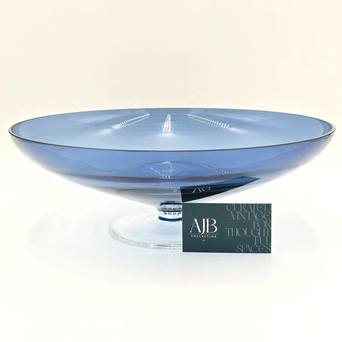 Large Blue Footed Art Glass Centerpiece Bowl Scandinavian Modern 13.75"