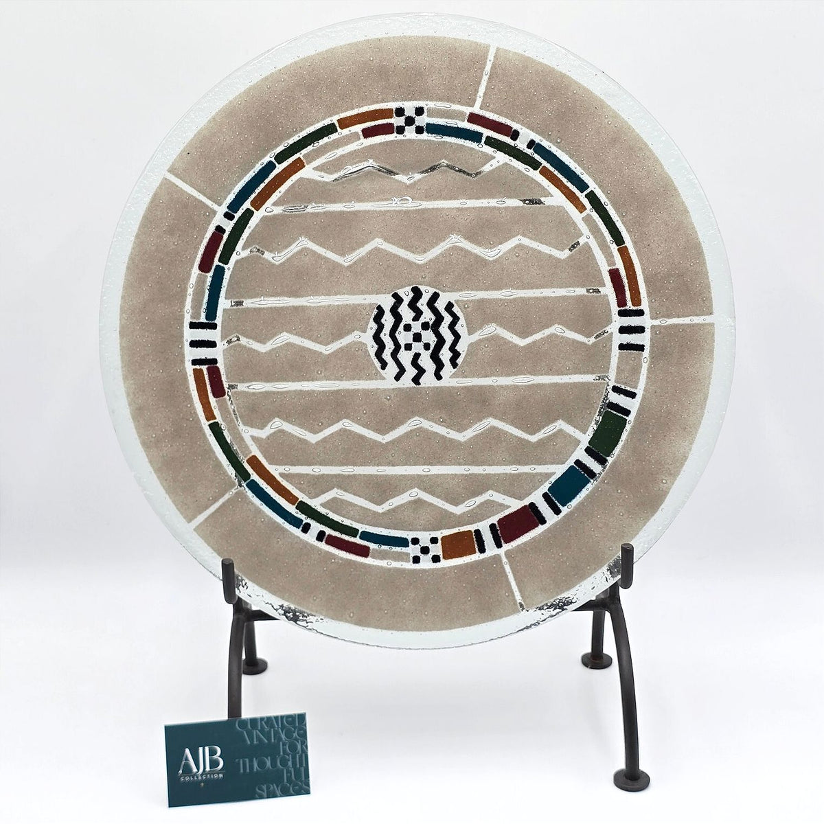 Vintage Ann Mallory Signed Fused Glass Platter 16 Inch Southwest Design w Stand