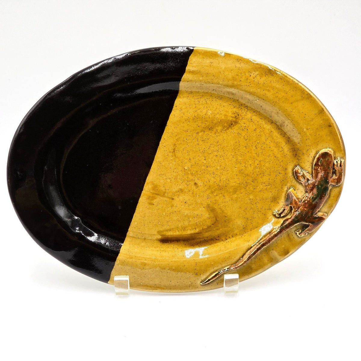 Signed Studio Art Pottery Lizard Gecko Oval Platter Tray 12in