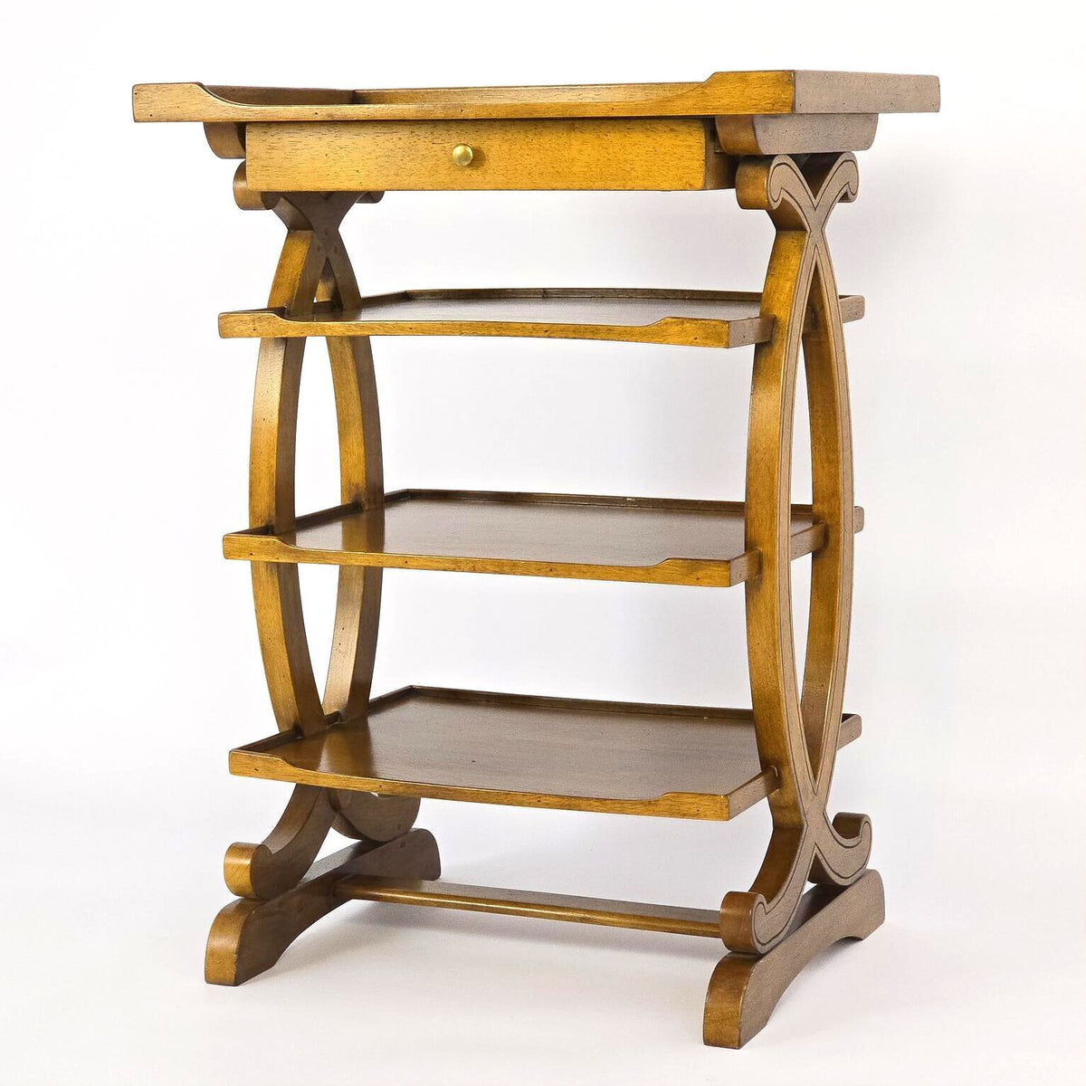 Vintage Charles X Style Fruitwood Four Tier Etagere Side Table Drawer