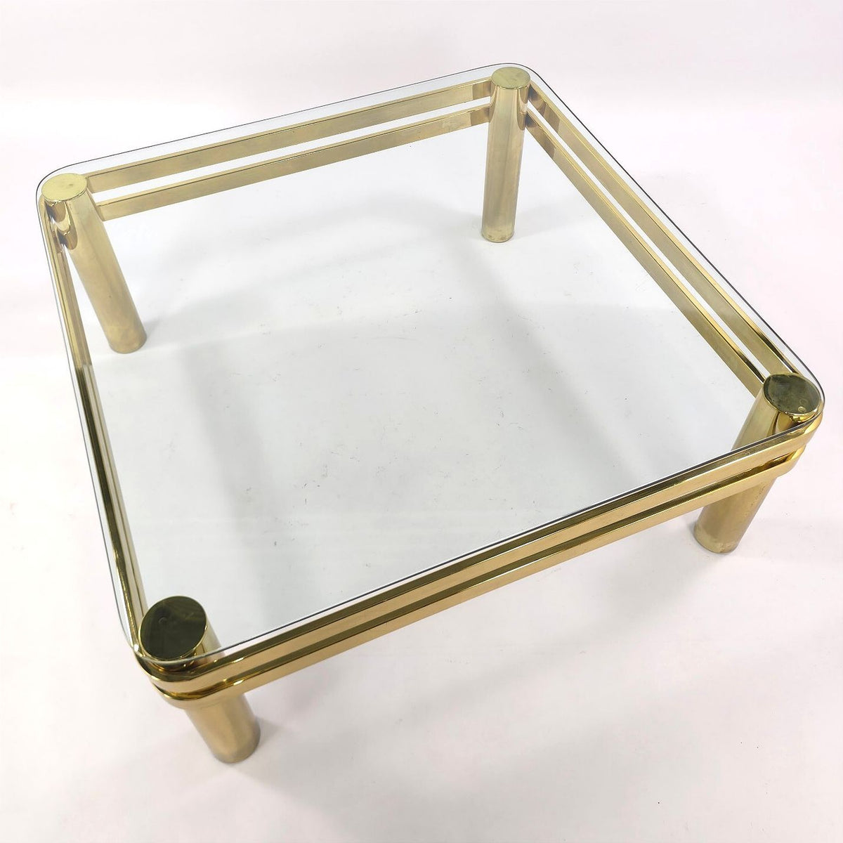 Vintage Hollywood Regency Brass Glass Coffee Table Square Double Rail 38 Inch