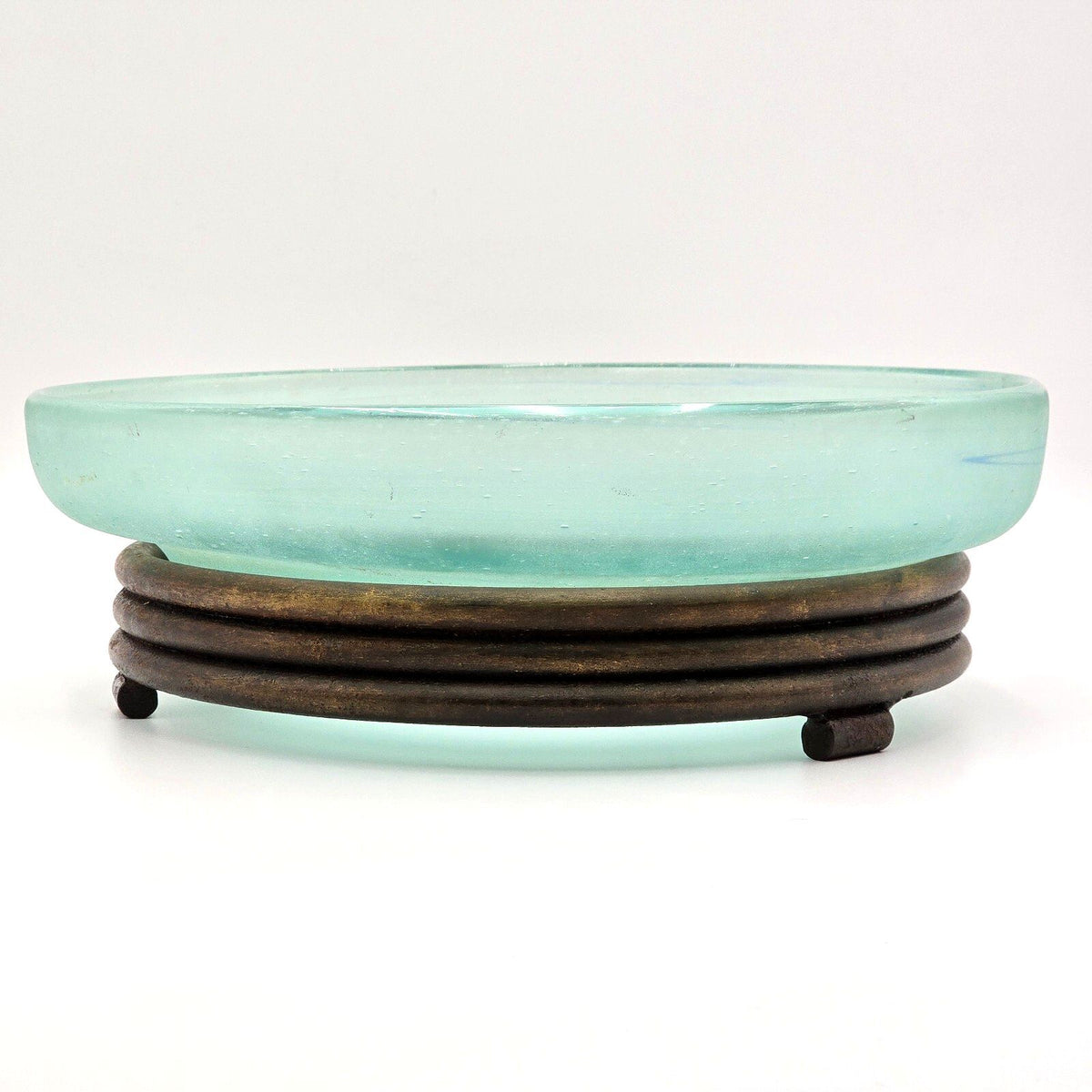 Large Aqua Art Glass Centerpiece Bowl with Wrought Iron Style Stand 12.75in