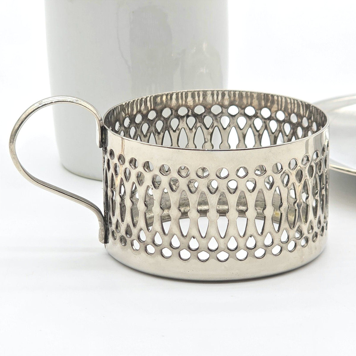 Porcelain Demitasse Espresso Cups Silver Tone Holders Saucers Spoons Set of 4
