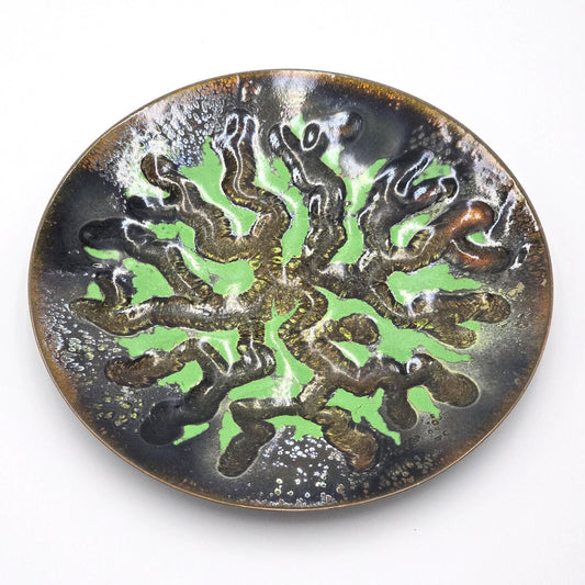 Vintage MCM Enamel on Copper Bowl Green Black Abstract Art 8.75 Inch