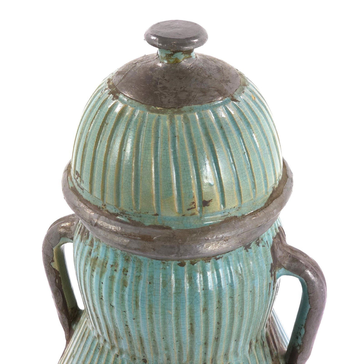 Pair Large Moroccan Turquoise Crackle Glaze Lidded Ceramic Urns 31in