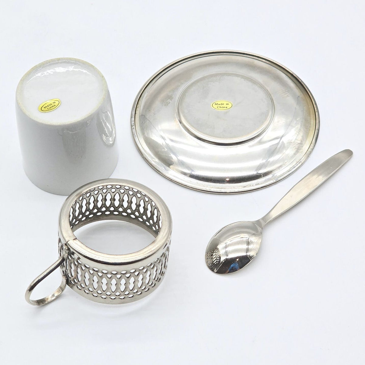 Porcelain Demitasse Espresso Cups Silver Tone Holders Saucers Spoons Set of 4