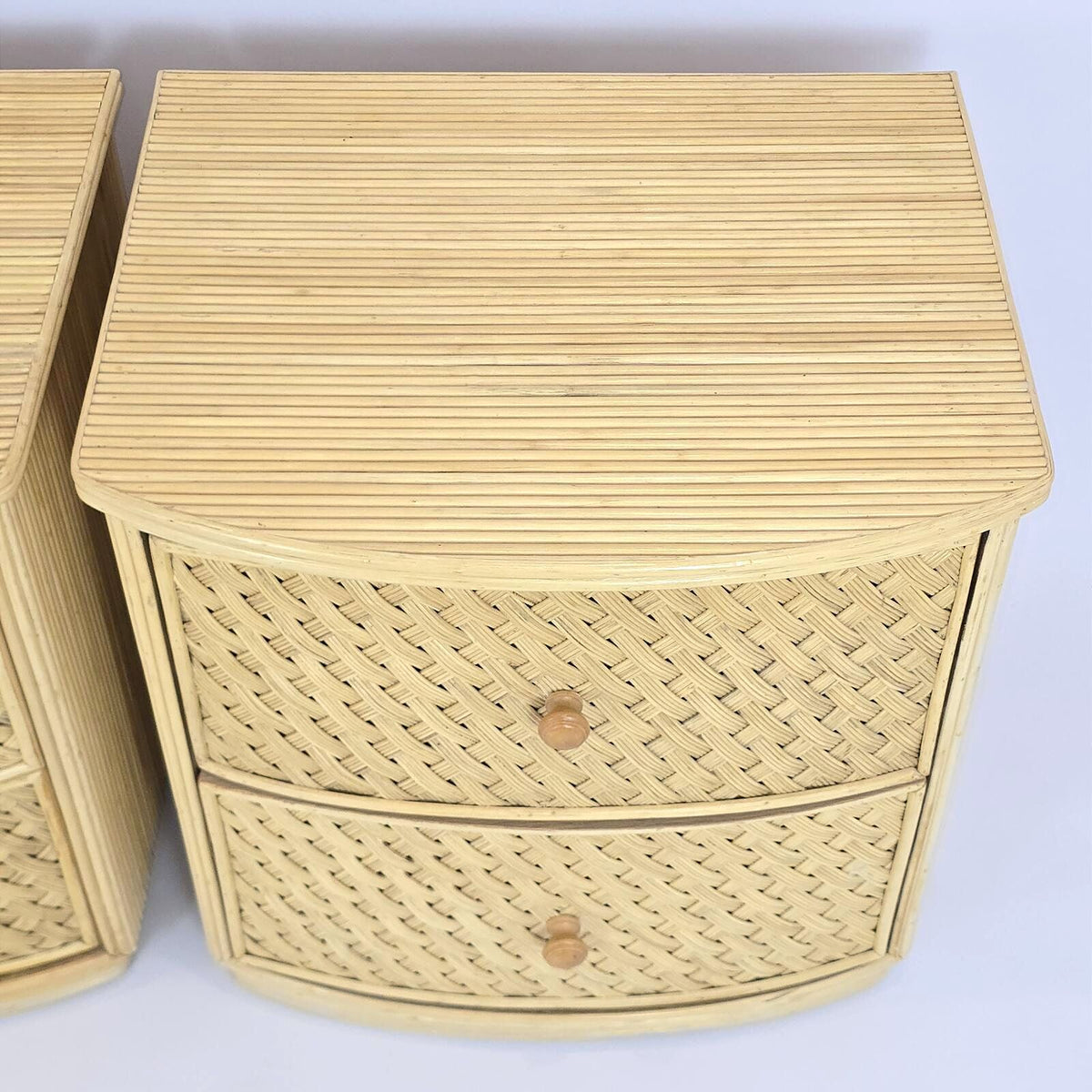 Pair of Woven Rattan Cane Nightstands 2 Drawer Coastal Boho Bedside Tables