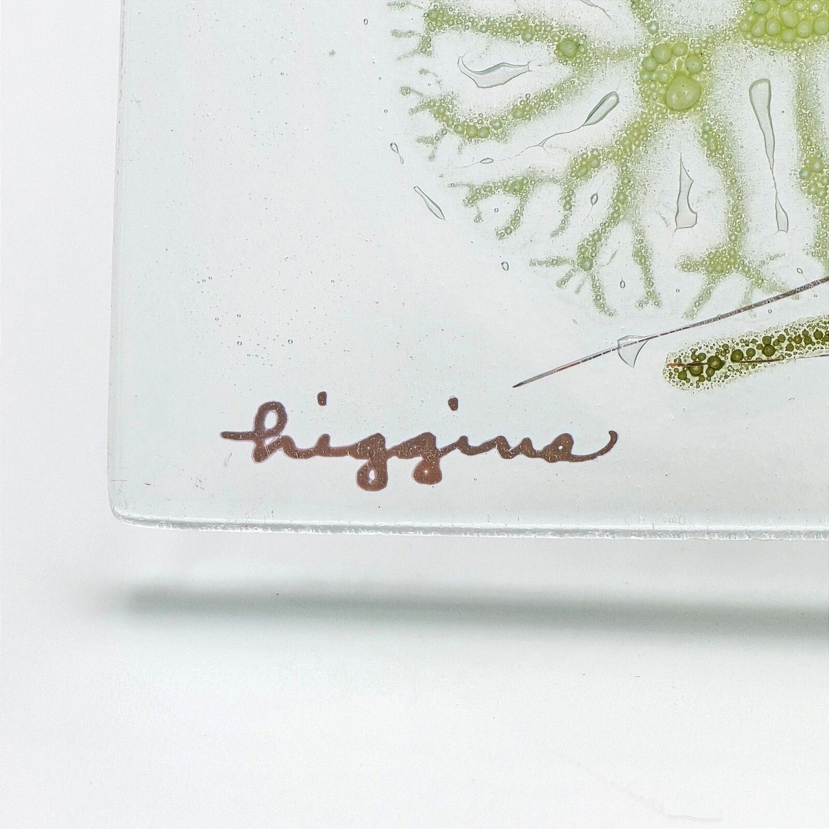 Vintage Higgins Fused Art Glass Tray Green Abstract MCM Signed 10" x 7"