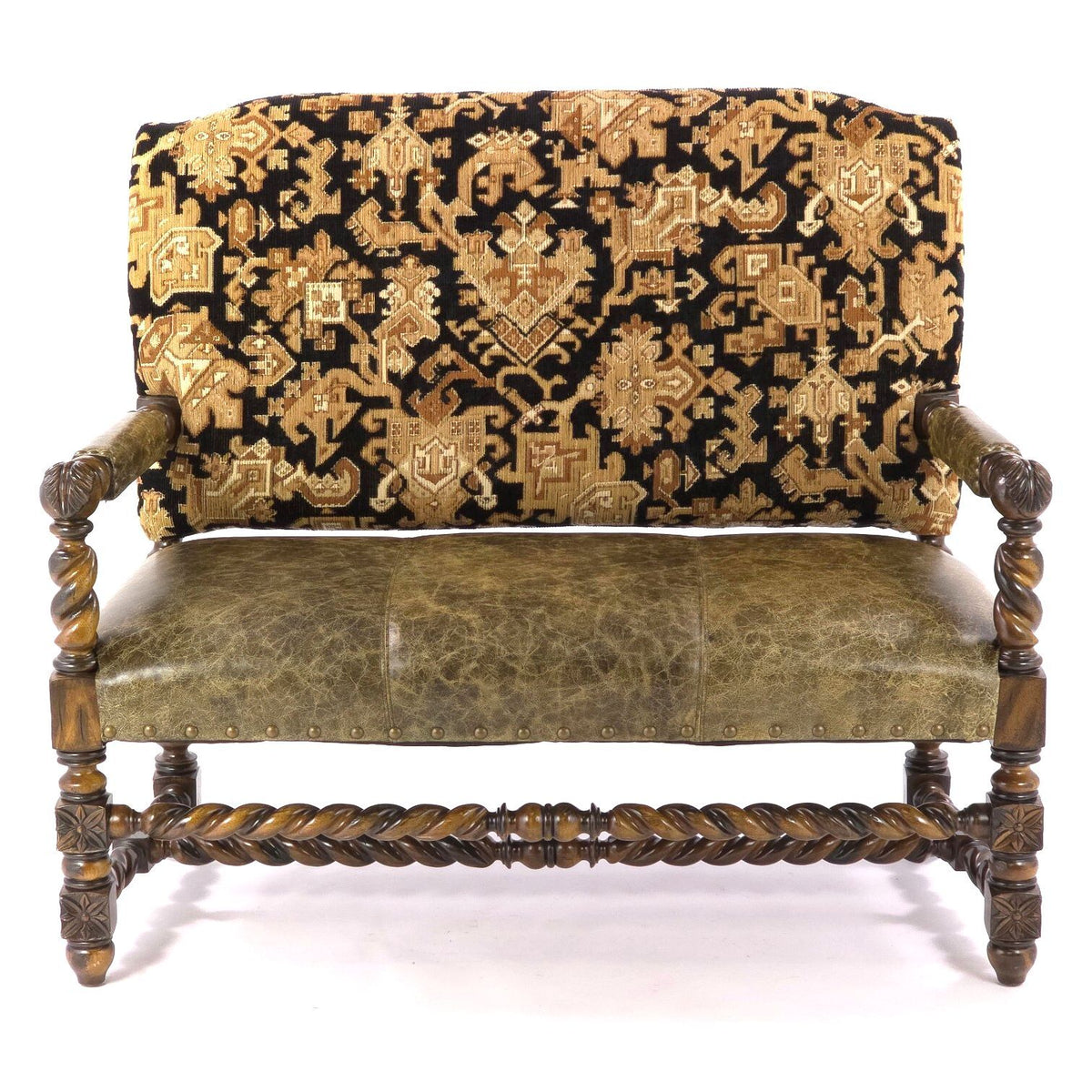Louis XIII Revival Barley Twist Tapestry Upholstered Wood Loveseat Settee