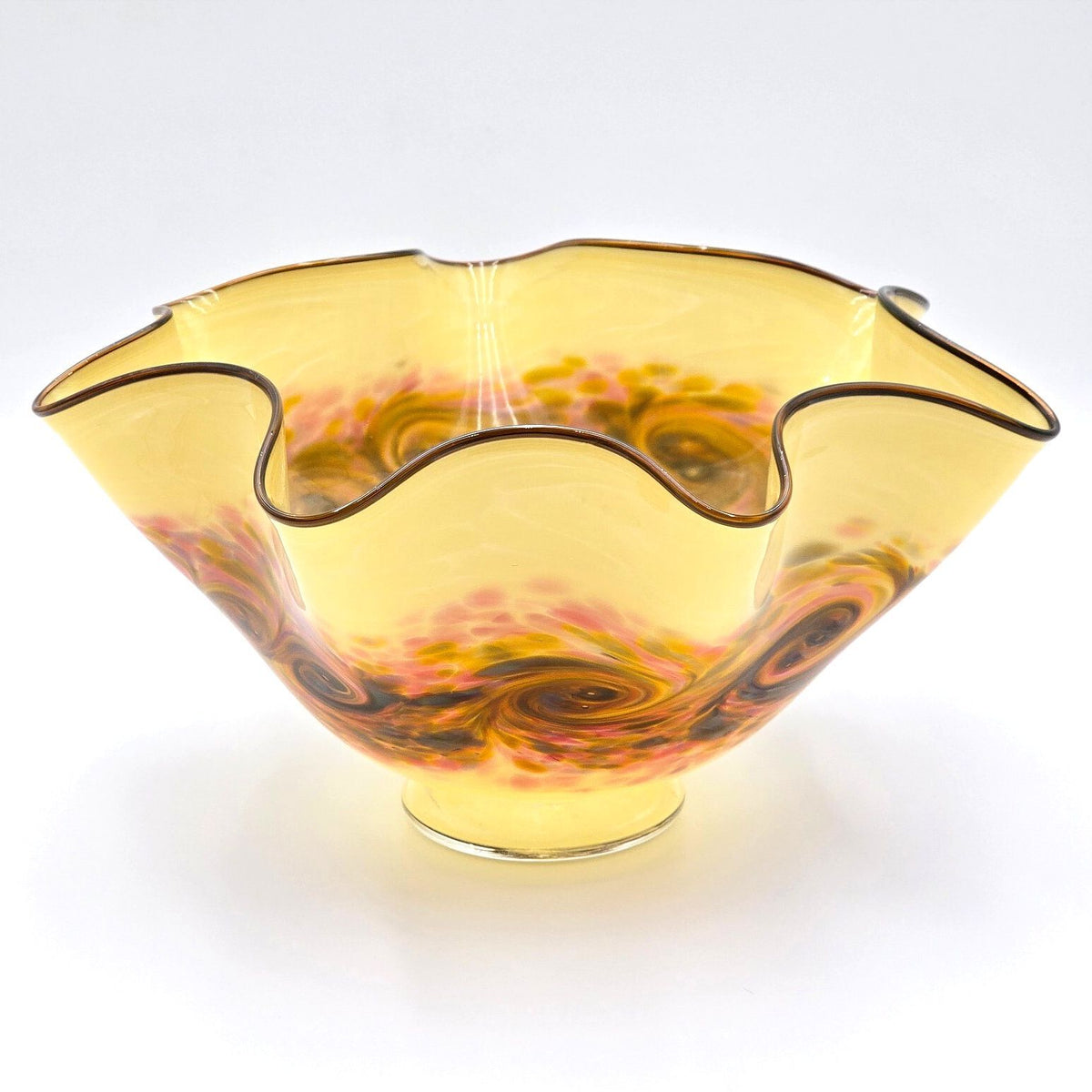Signed Studio Art Glass Ruffled Bowl Multicolor Swirl Footed 12"
