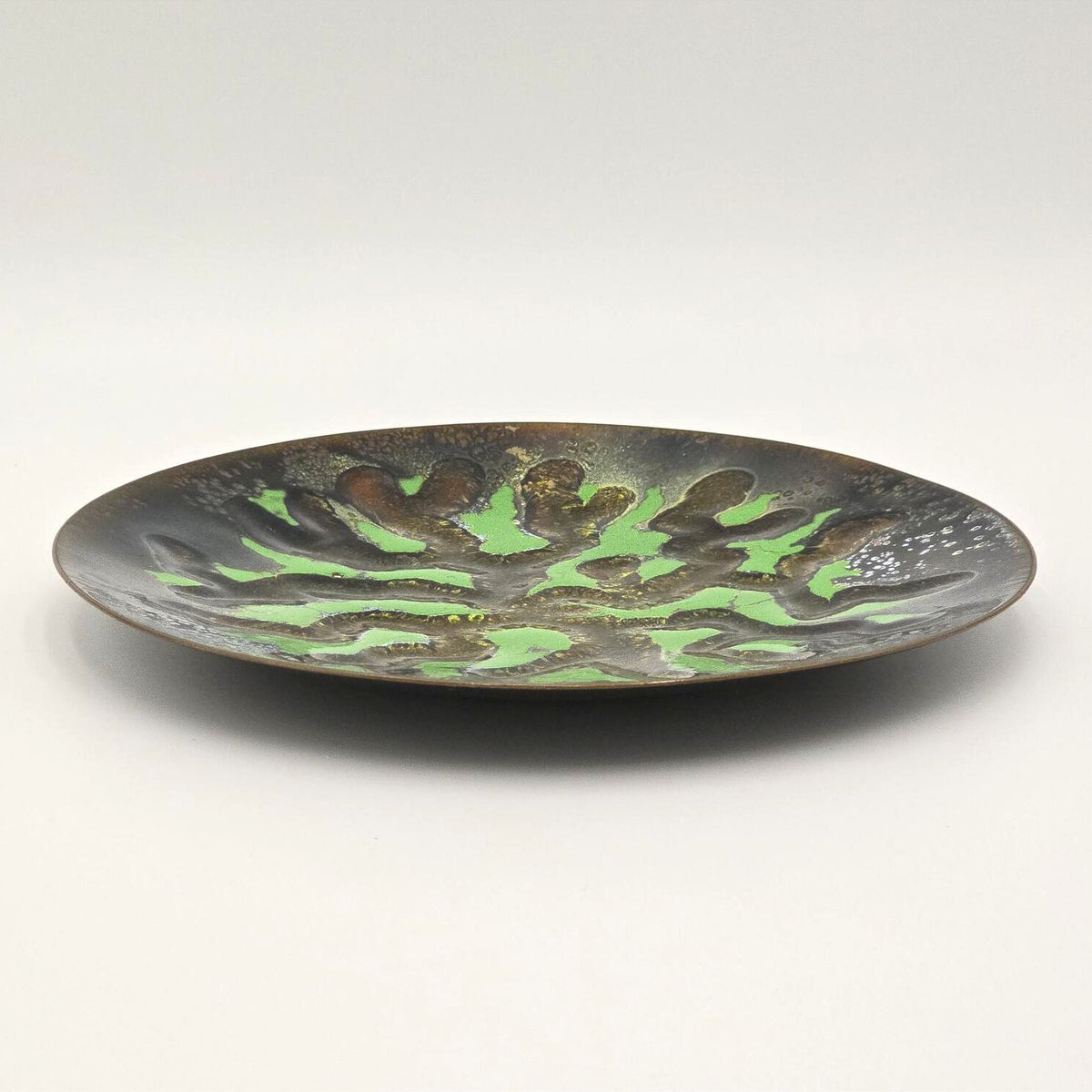 Vintage MCM Enamel on Copper Bowl Green Black Abstract Art 8.75 Inch