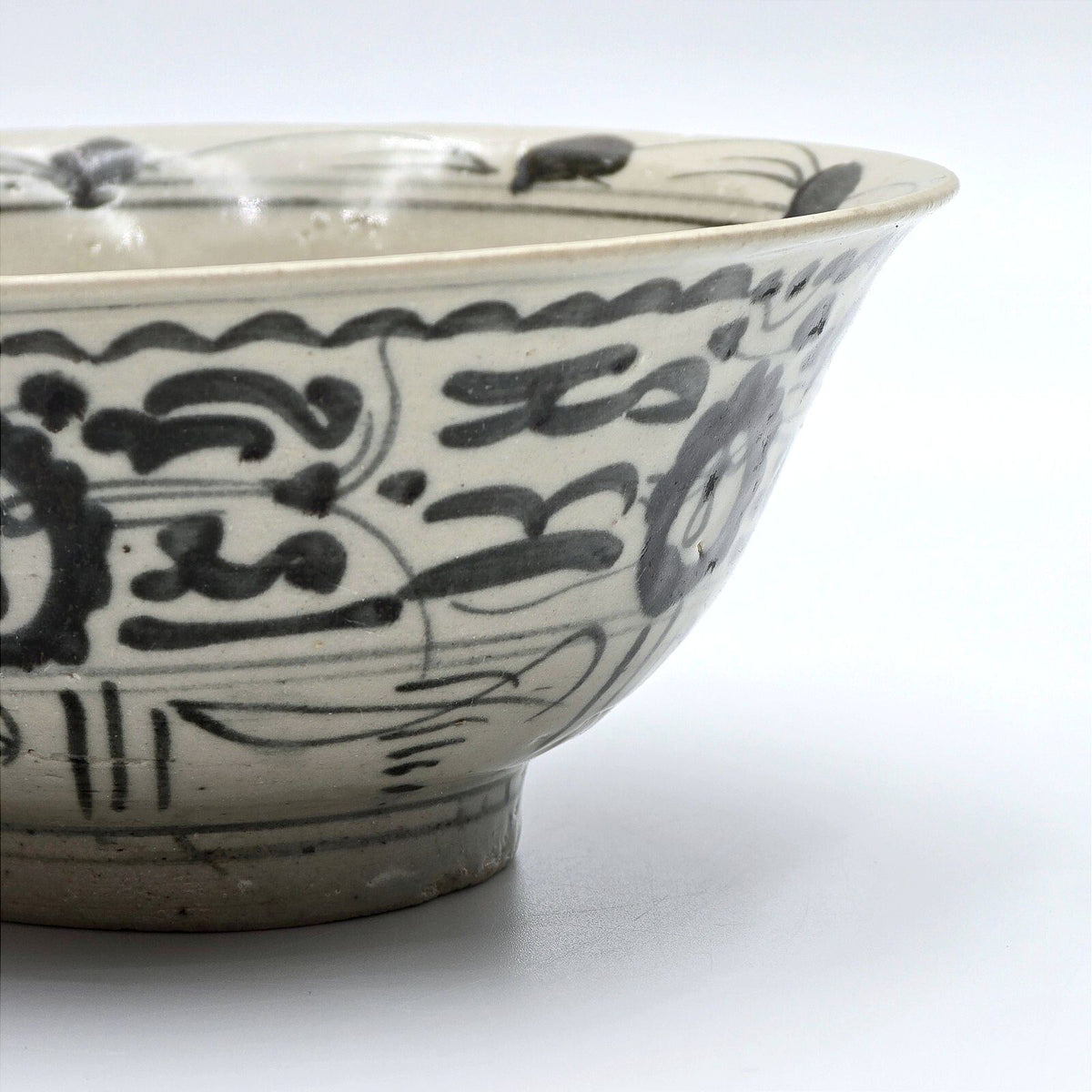 Asian Blue White Hand Painted Ceramic Rice Bowl Floral Scroll 6.25in