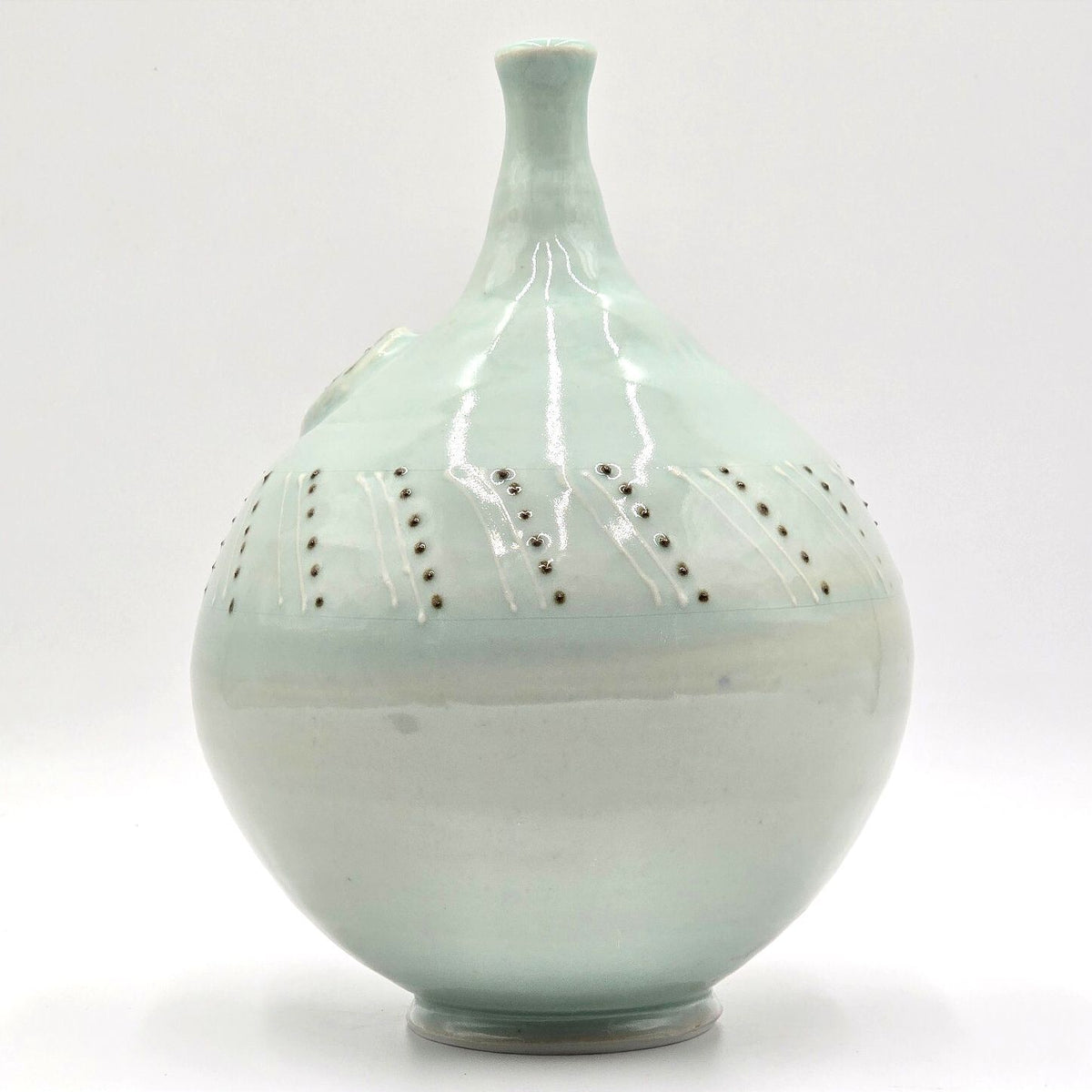 Celadon Green Studio Pottery Bottle Vase 10.5 Inch Raised Dot Decoration