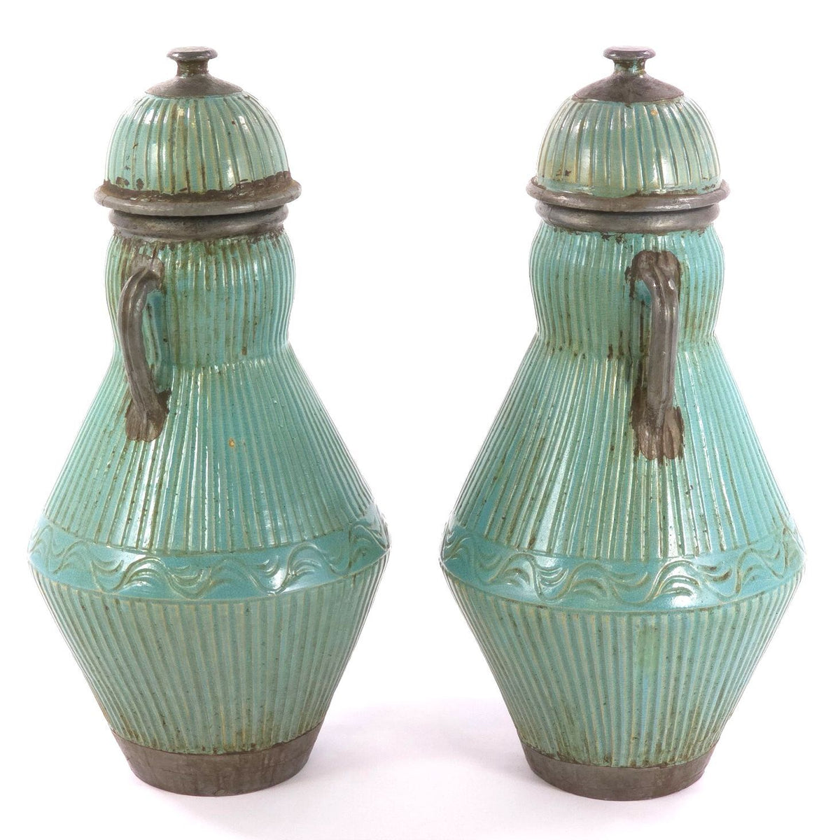 Pair Large Moroccan Turquoise Crackle Glaze Lidded Ceramic Urns 31in