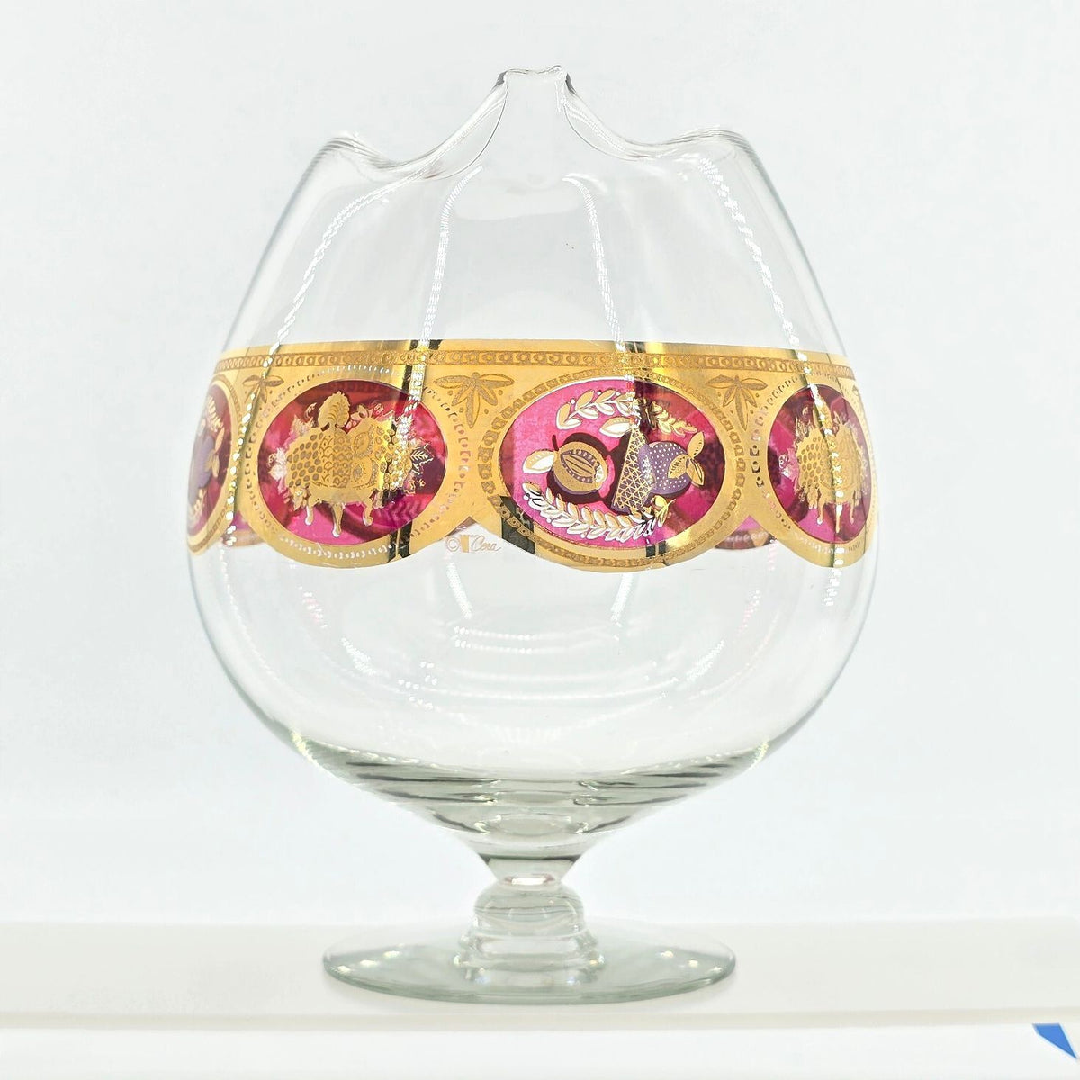 Vintage Cera Glass CGP9 Fruit Medallion Footed Spouted Serving Bowl Gold Red