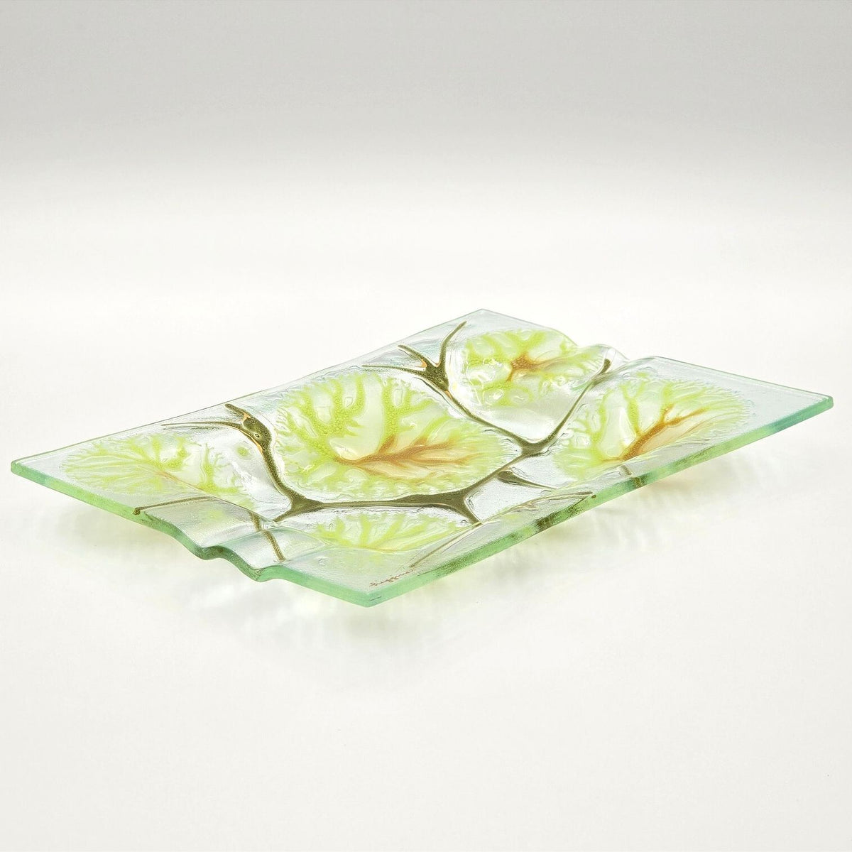 Vintage Higgins Fused Art Glass Tray Green Abstract MCM Signed 10" x 7"