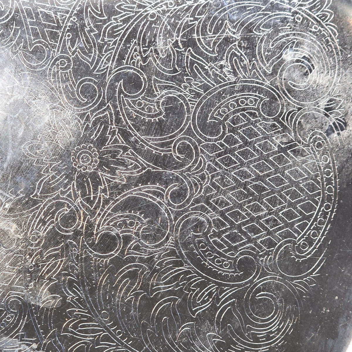 Vintage Silver Plated Hong Kong Round Serving Tray Engraved Scroll 12"