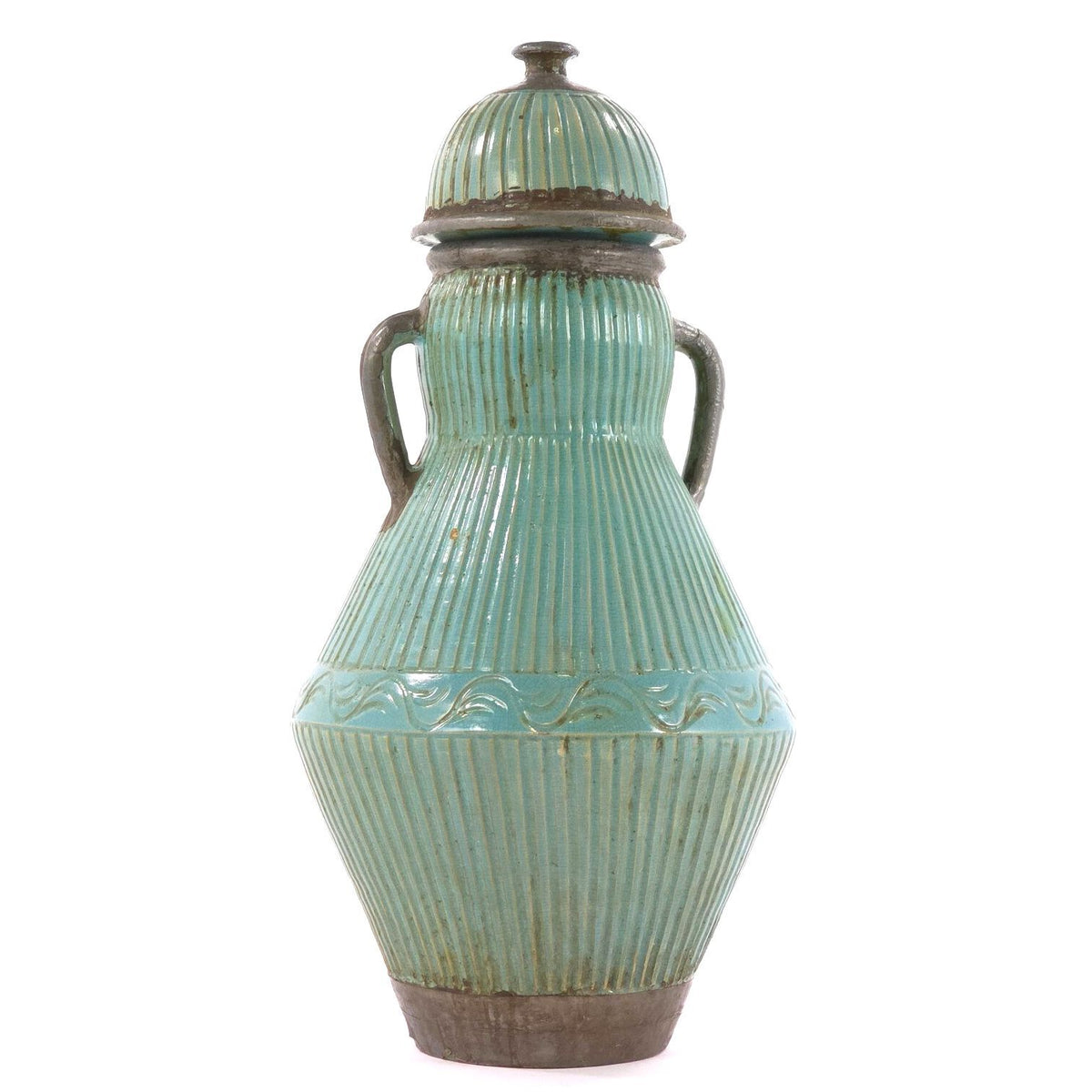 Pair Large Moroccan Turquoise Crackle Glaze Lidded Ceramic Urns 31in