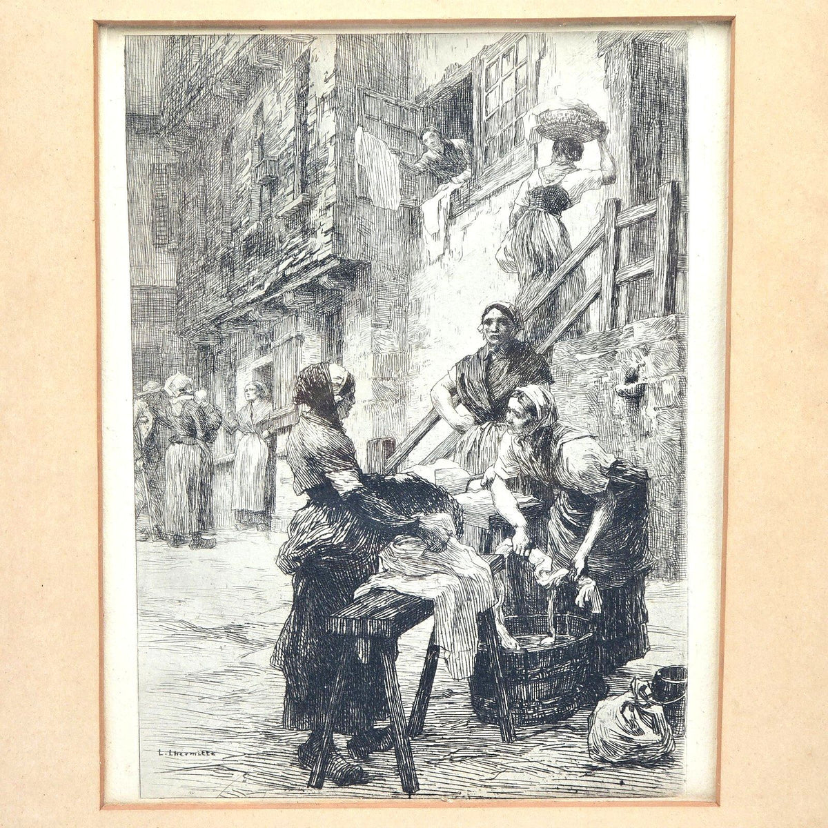 Léon Lhermitte Antique Etching, Washerwomen at Saint-Malo, 1881