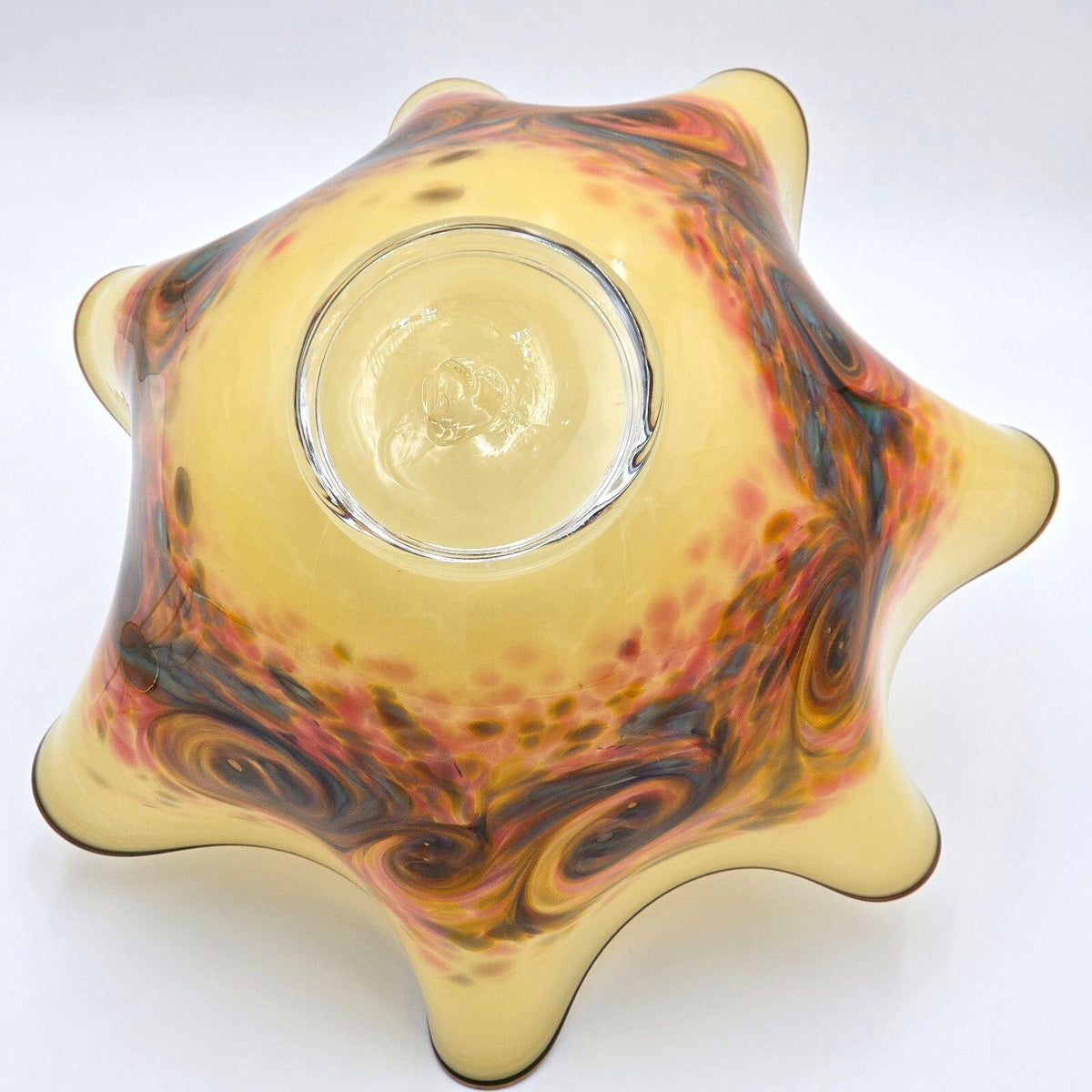 Signed Studio Art Glass Ruffled Bowl Multicolor Swirl Footed 12"