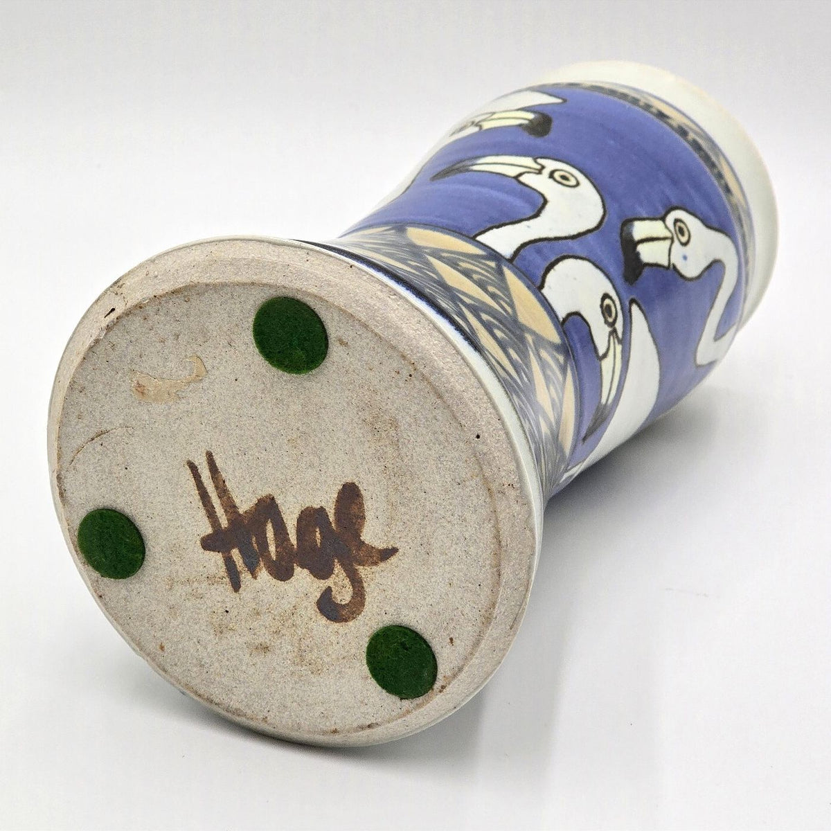 Signed Hage Studio Pottery Flamingo Vase 10 Inch Blue Geometric Art