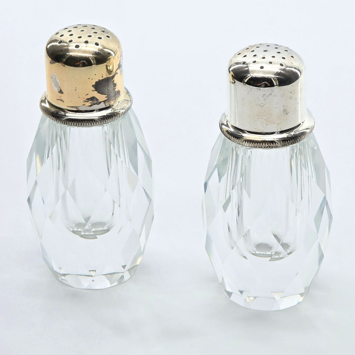 Vintage Faceted Crystal Salt & Pepper Shakers Silver Tone Tops MCM Set