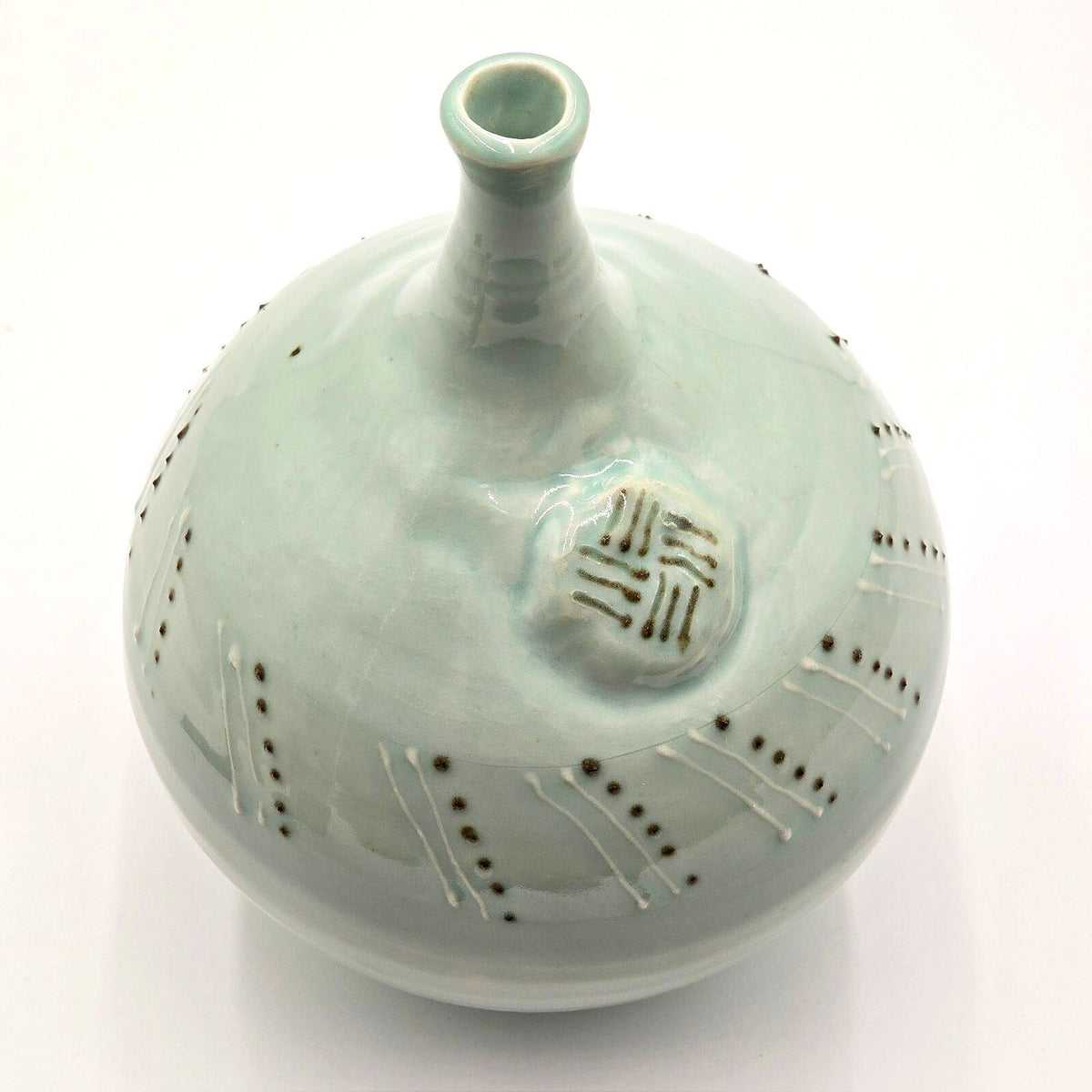 Celadon Green Studio Pottery Bottle Vase 10.5 Inch Raised Dot Decoration