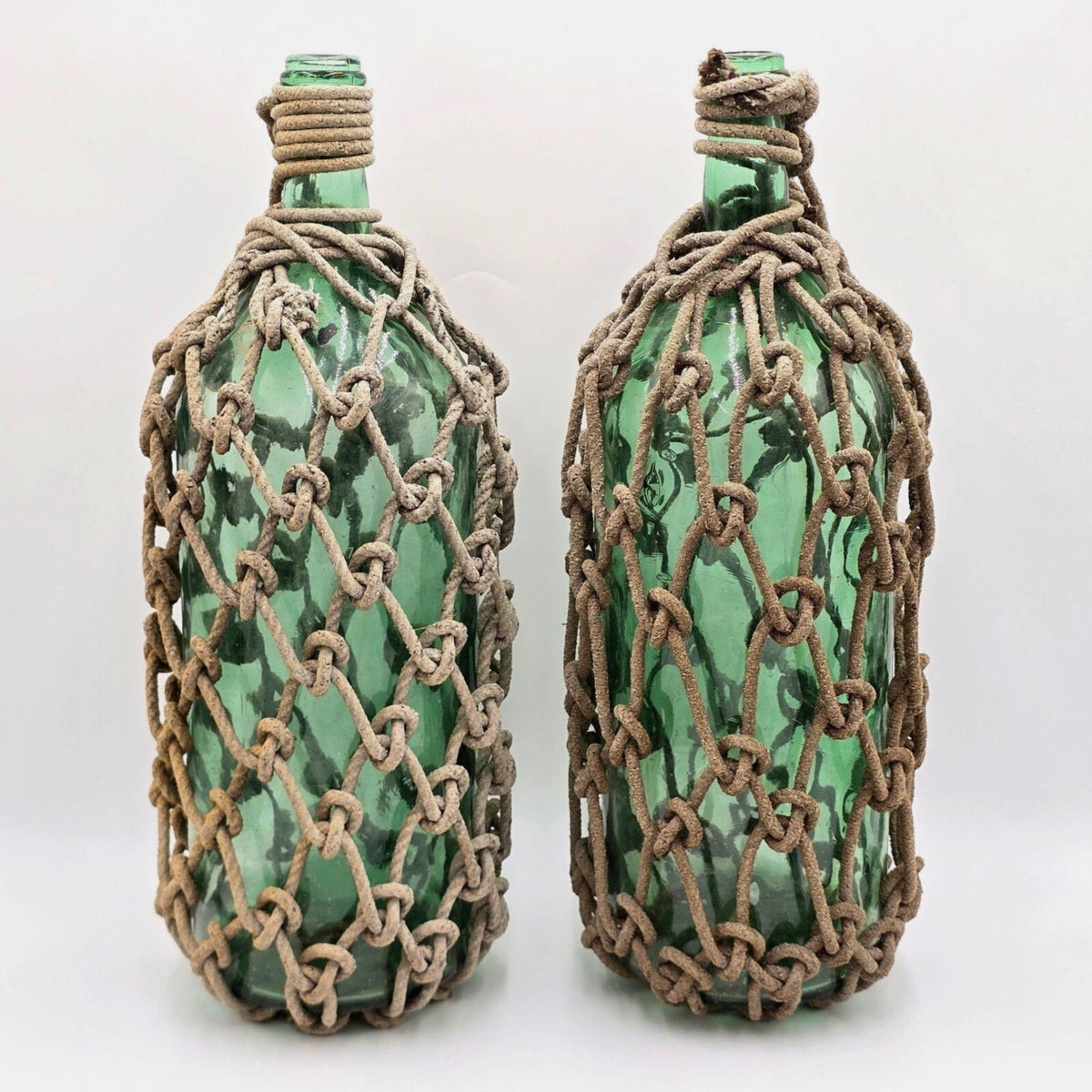 Antique Rope Wrapped Ship Bottles Pair Vintage Glass Demijohn Sake Vases 19"