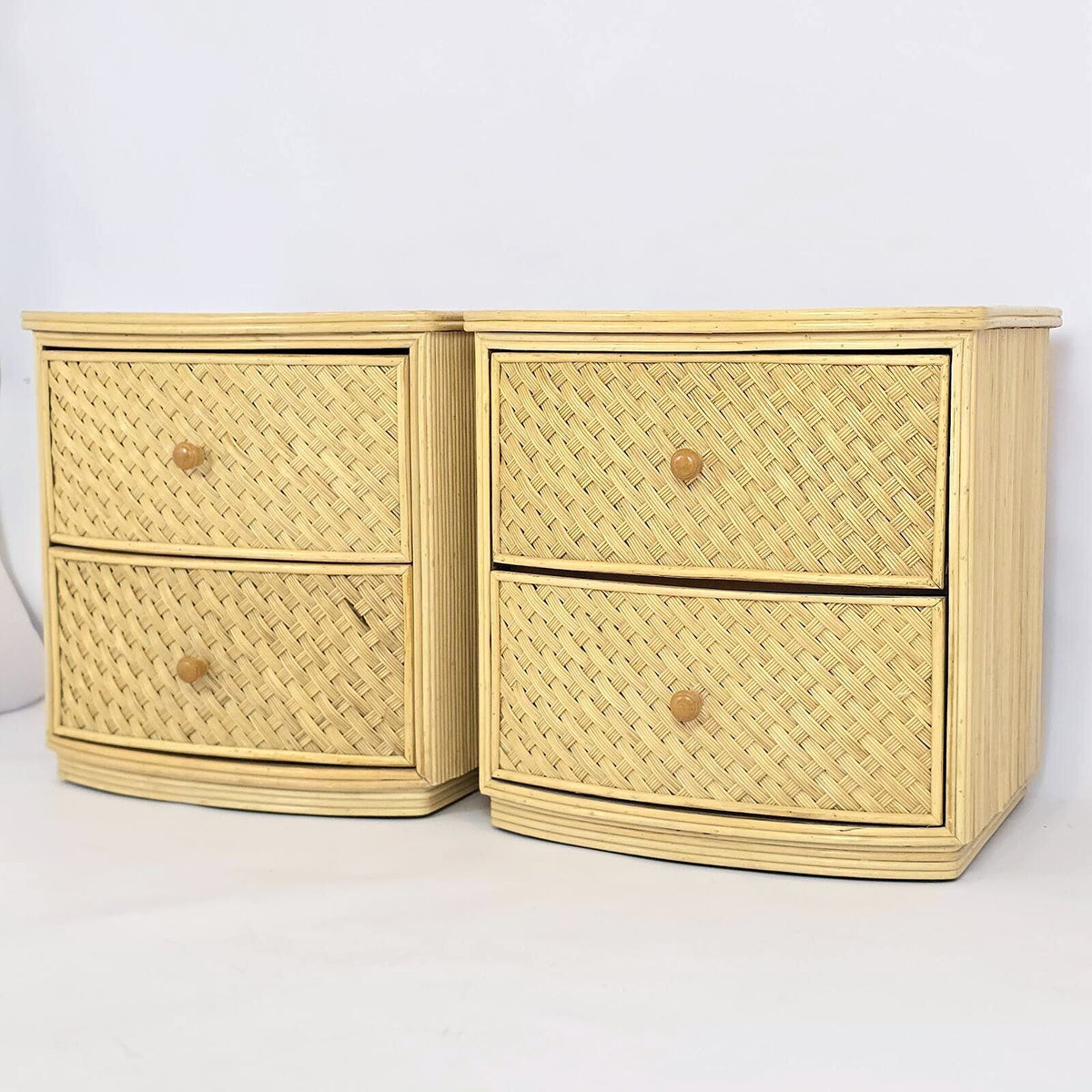 Pair of Woven Rattan Cane Nightstands 2 Drawer Coastal Boho Bedside Tables