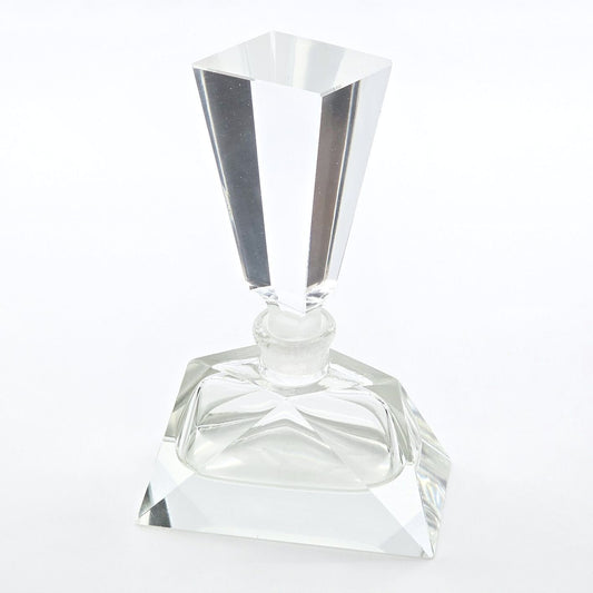 Vintage Clear Glass Perfume Bottle Geometric Faceted Stopper Art Deco Style