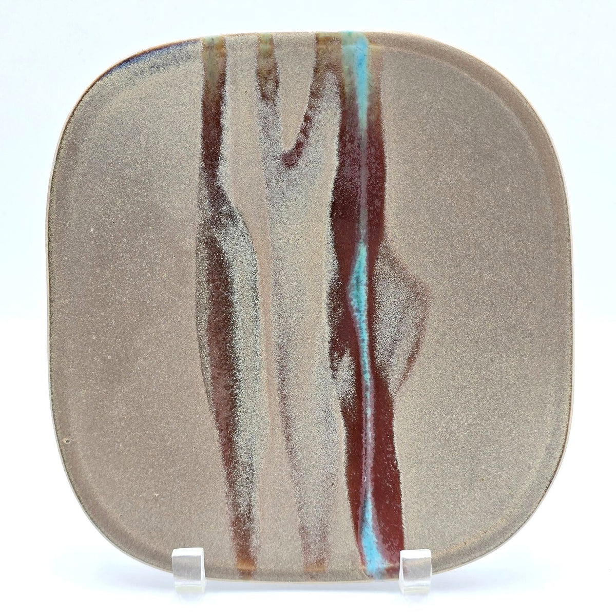 Pair Signed Studio Art Pottery Square Plates Abstract Glaze Modernist 9.6in