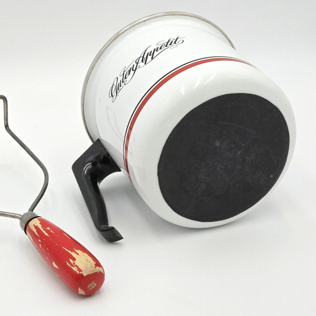 Vintage Guten Appetit Enamel Pot & Red Handle Wire Potato Masher Set