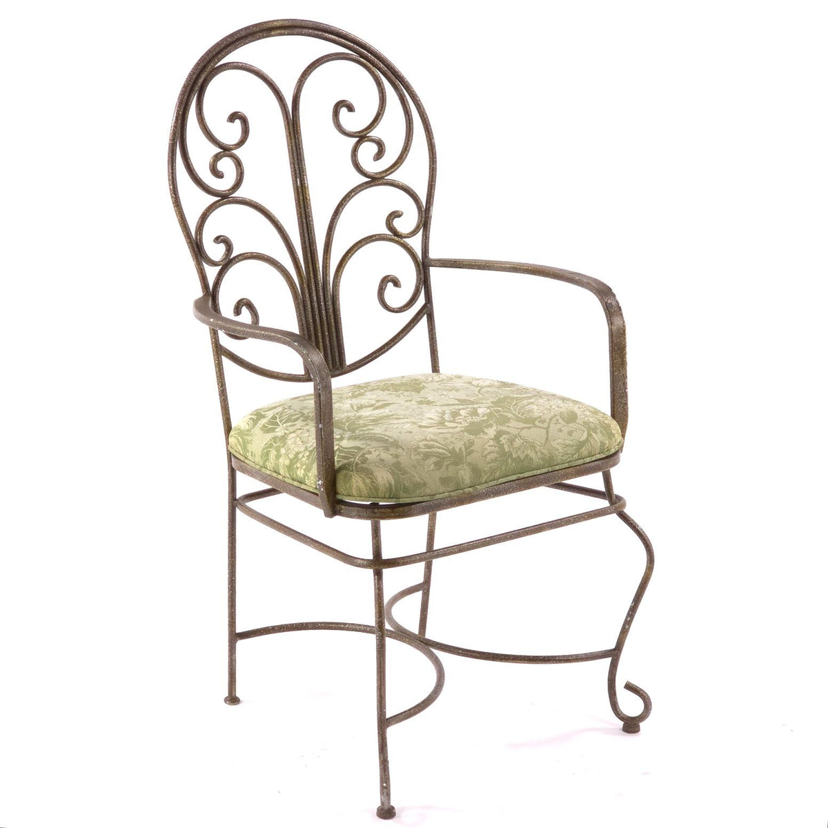 Vintage French Country Wrought Iron Scroll Armchairs Floral Seats Pair