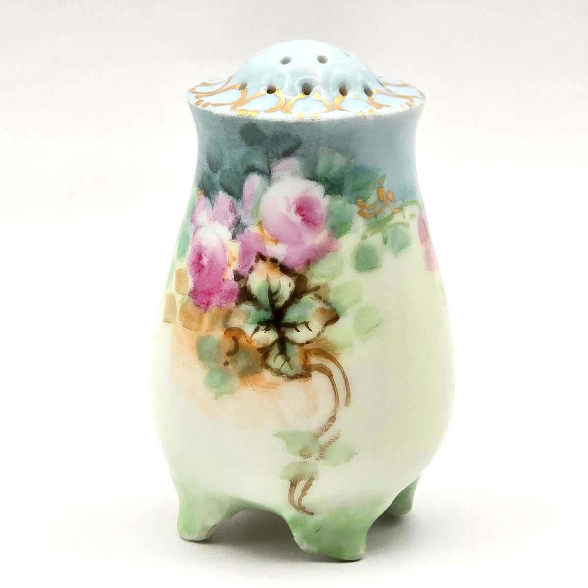 Antique Austria Porcelain Sugar Shaker Muffineer Hand Painted Pink Roses Gold