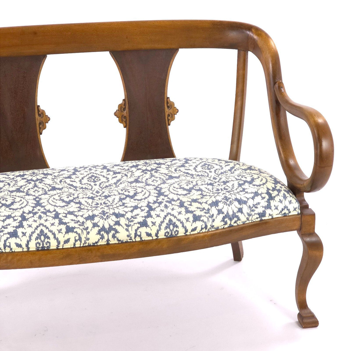 Vintage Neoclassical Revival Lyre Arm Wood Settee Bench 48.5in