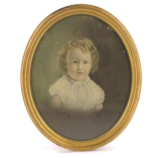 Antique Oval Framed Child Portrait Gold Gilt Frame Victorian Edwardian Wall Art
