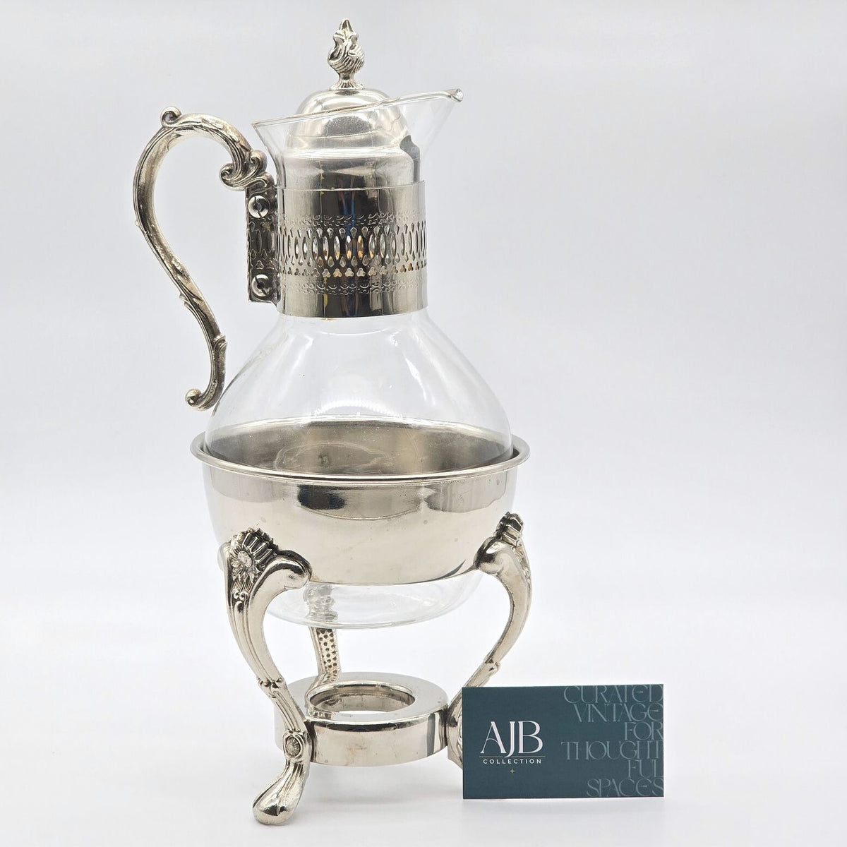 Vintage Silverplate Glass Coffee Tea Carafe Warming Stand Ornate 13.5"