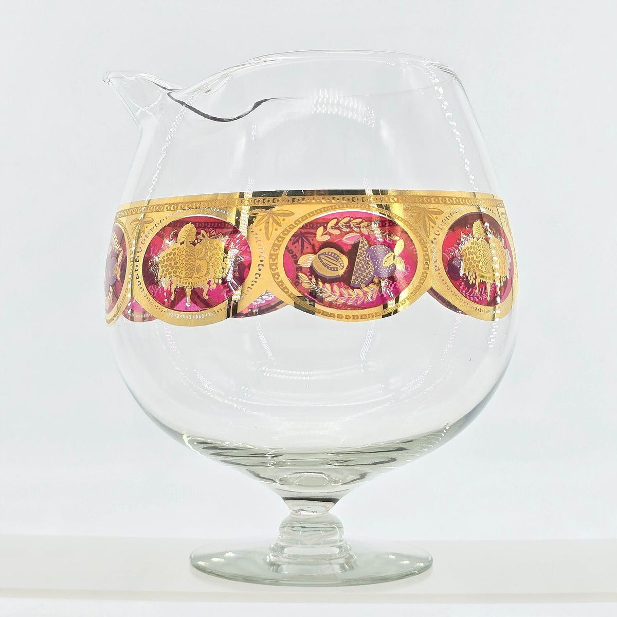 Vintage Cera Glass CGP9 Fruit Medallion Footed Spouted Serving Bowl Gold Red
