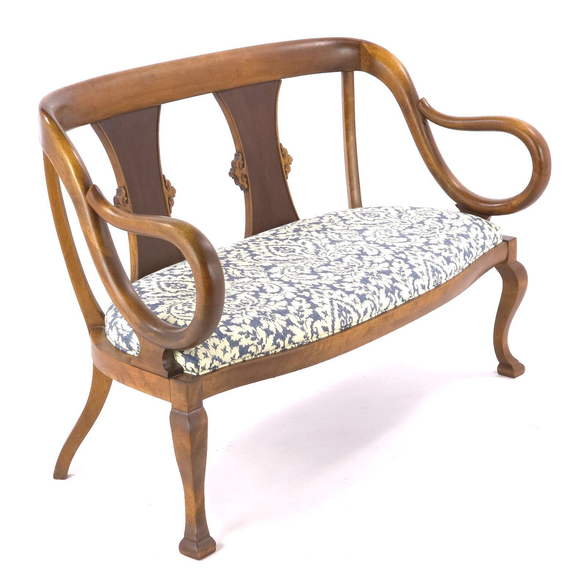 Vintage Neoclassical Revival Lyre Arm Wood Settee Bench 48.5in