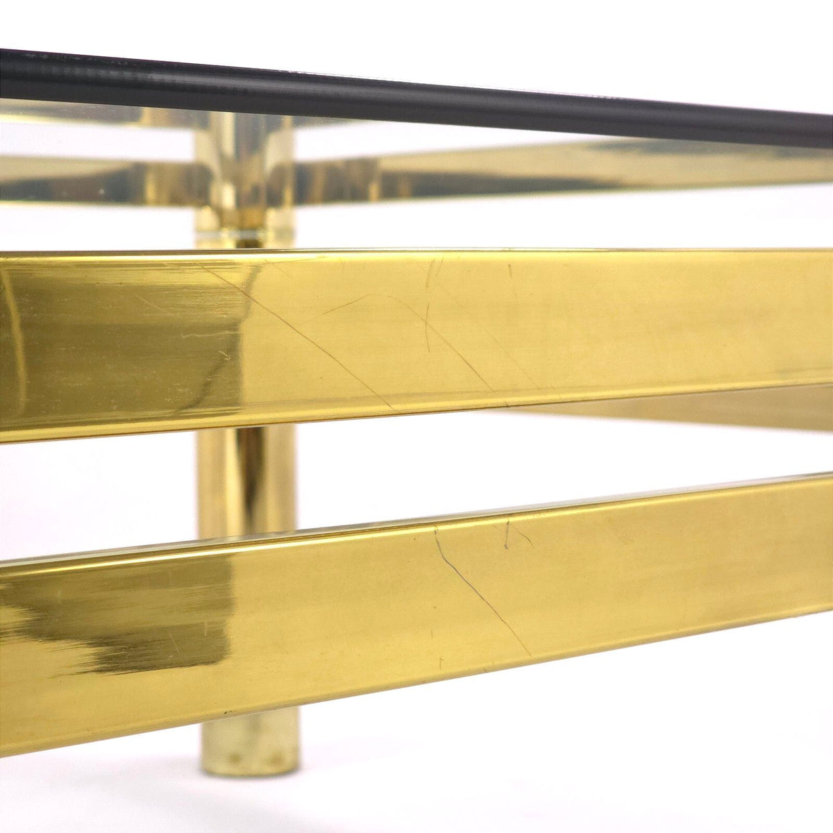 Vintage Hollywood Regency Brass Glass Coffee Table Square Double Rail 38 Inch