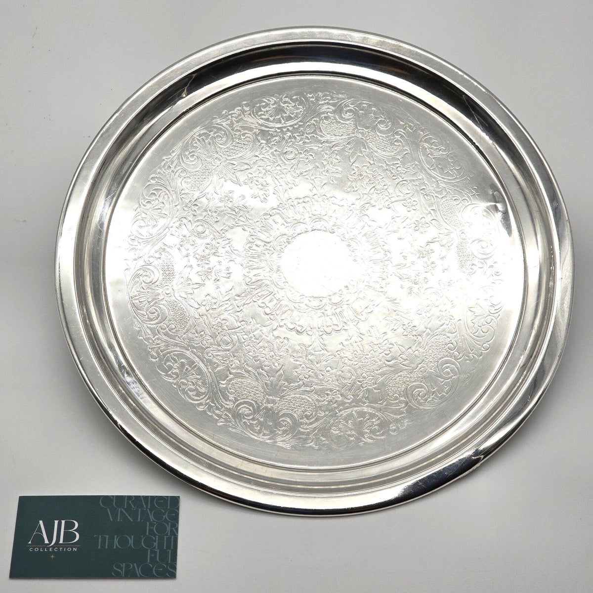 Vintage F.B.R. 2311 Silver on Copper Round Serving Tray Floral 12"