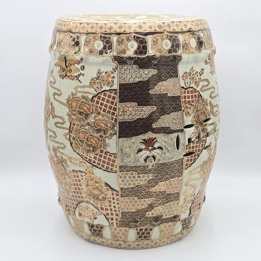 Vintage Chinese Satsuma Style Ceramic Garden Stool Floral Gilt Drum Seat